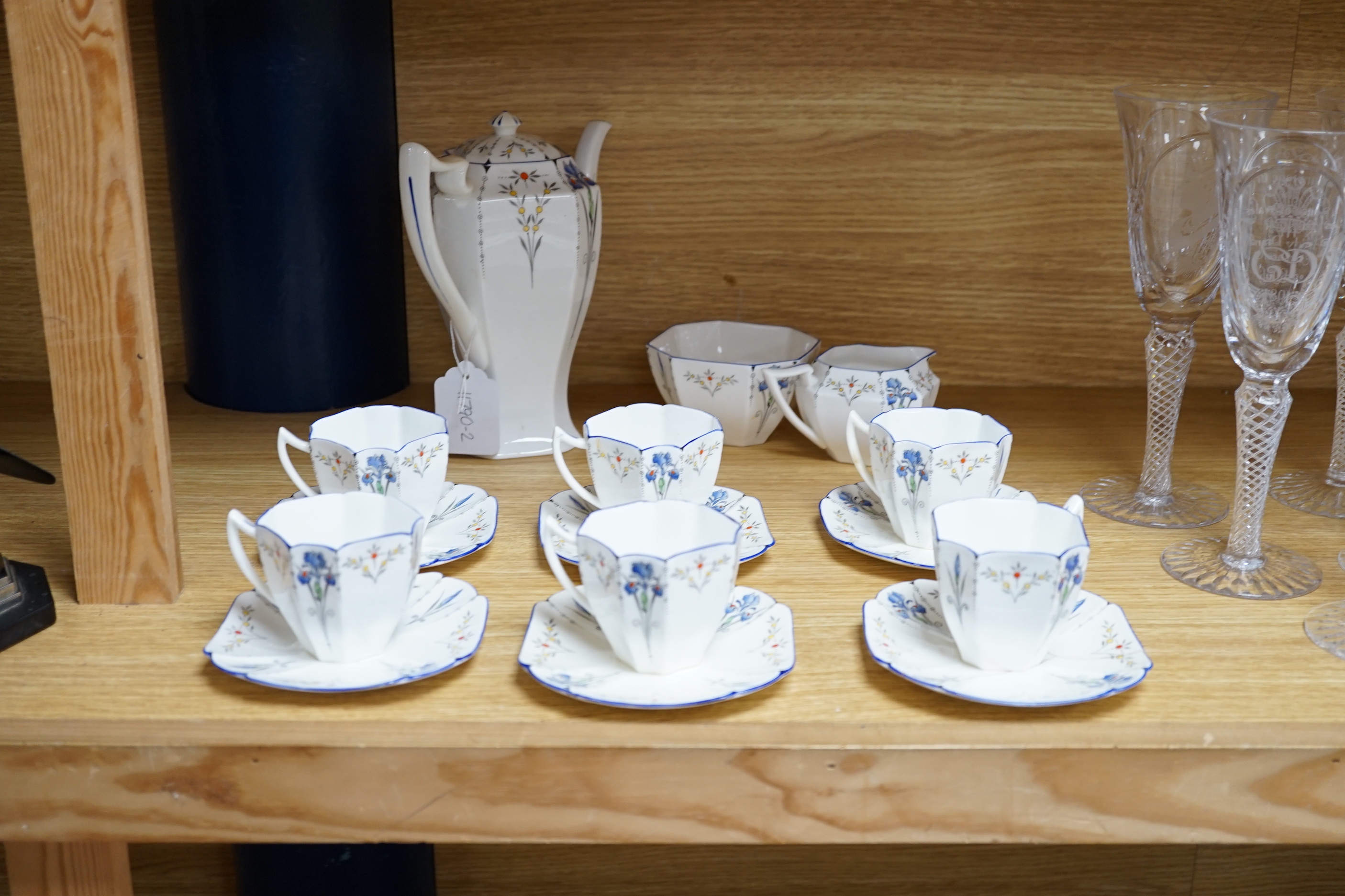 A Shelley Art Deco ‘Iris’ pattern six place coffee set